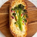 Christmas pizza bread on a board.