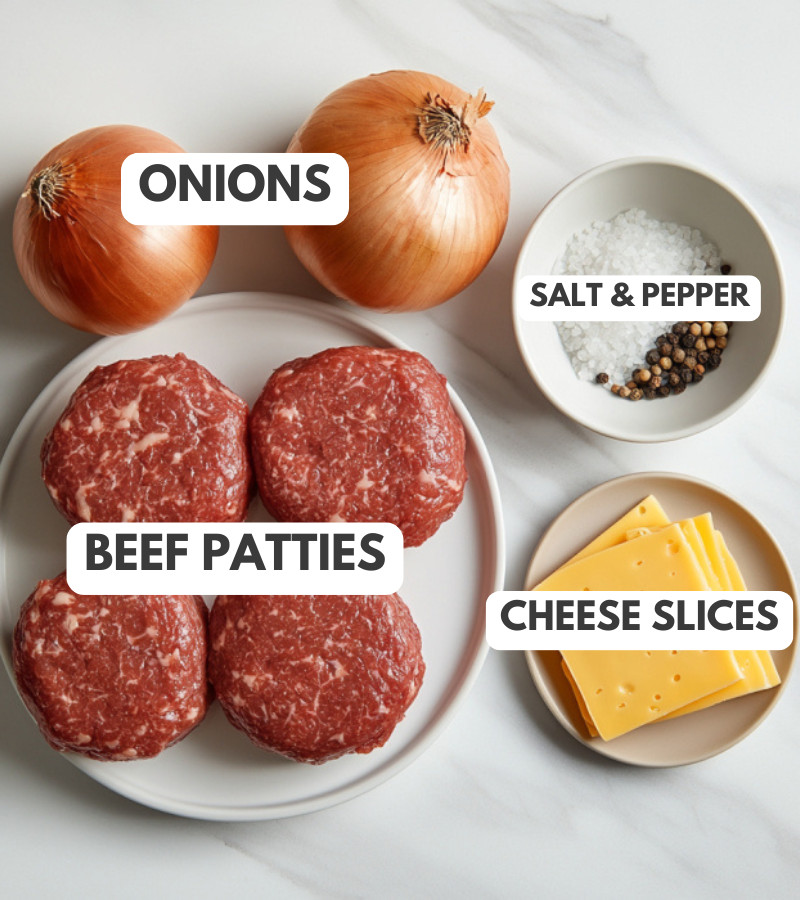 Onions, salt, pepper, beef patties and cheese slices measured out on a table.