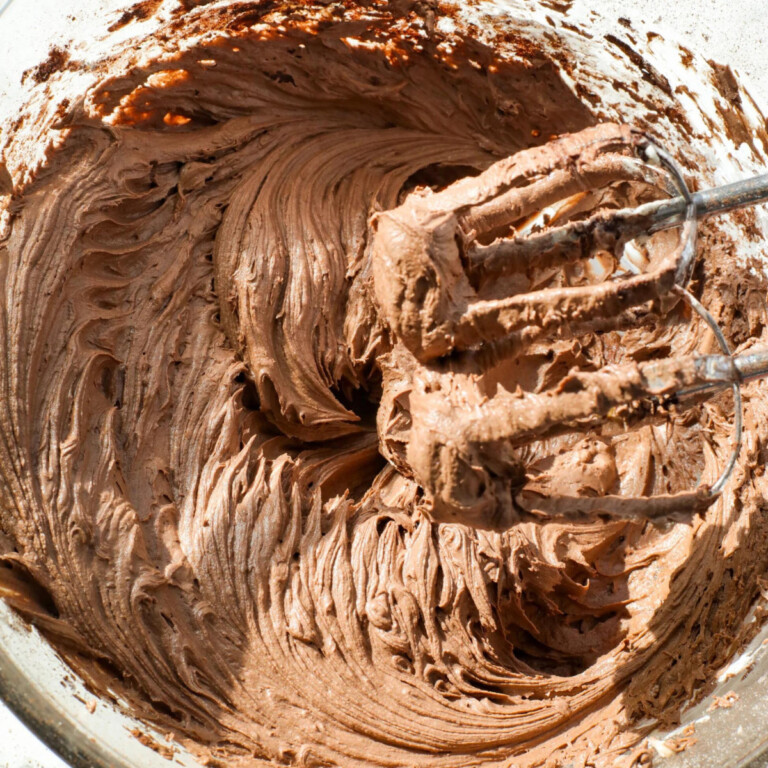 Chocolate buttercream in a bowl.
