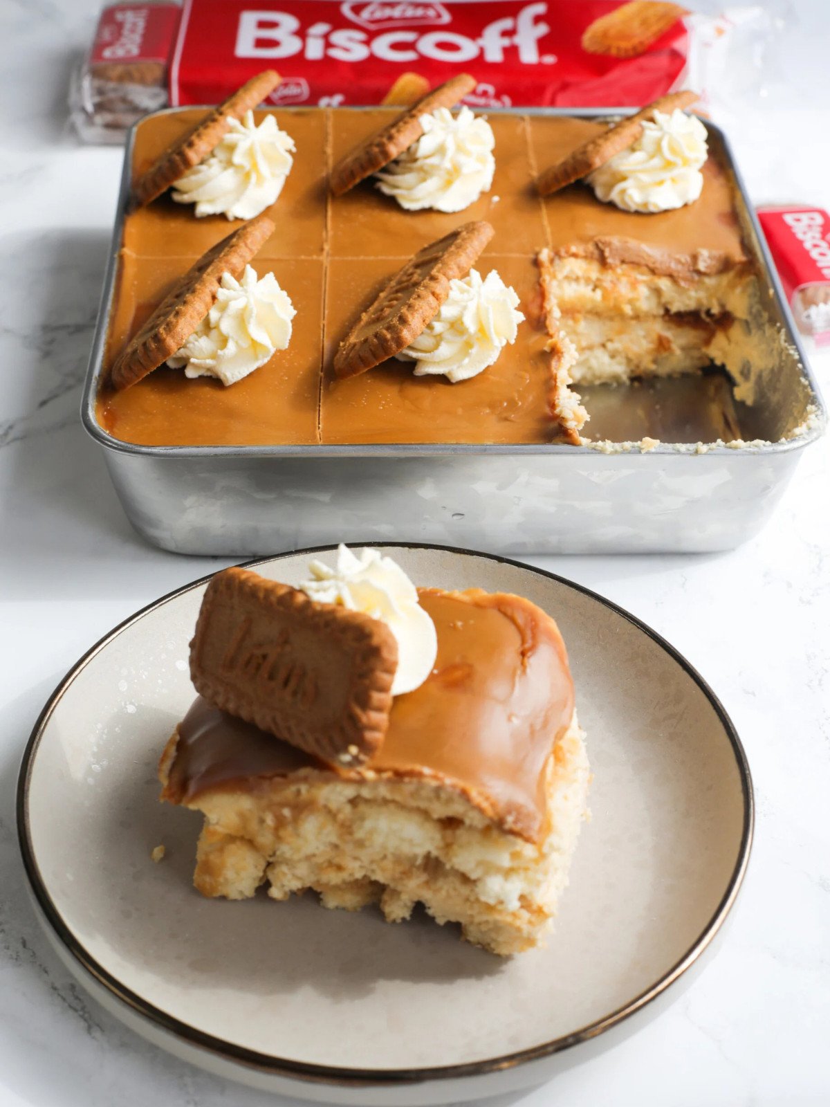 Biscoff tiramisu on a plate.