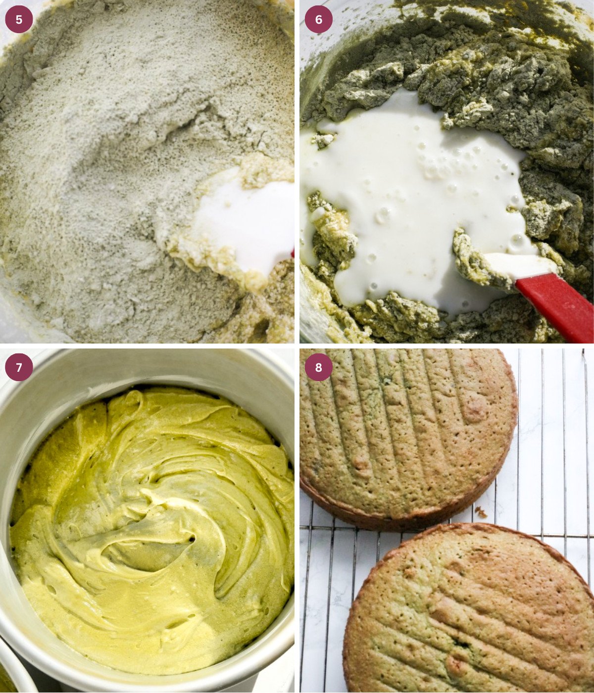 Dry matcha cake ingredients mixed with wet ingredients. Cake batter in a silver cake tin. Baked cake on a cooling rack.