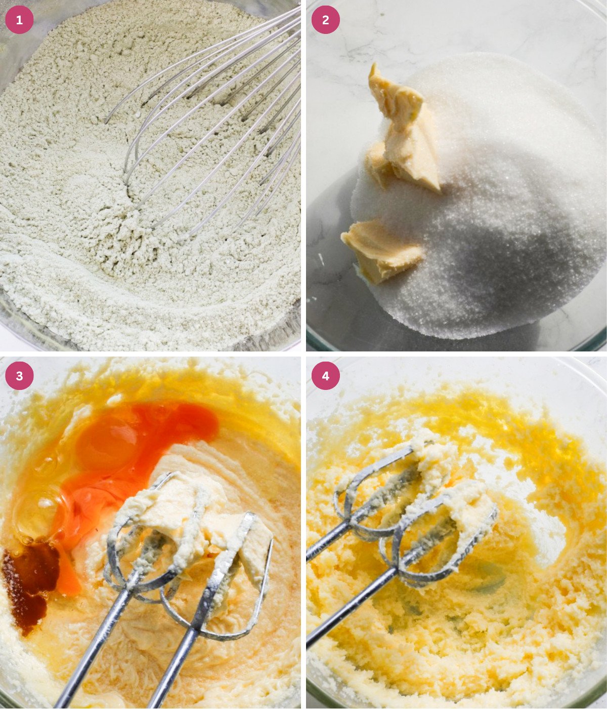 Flour and matcha mixed in a bowl. Butter, sugar, eggs and vanilla extract whisked in a separate bowl.