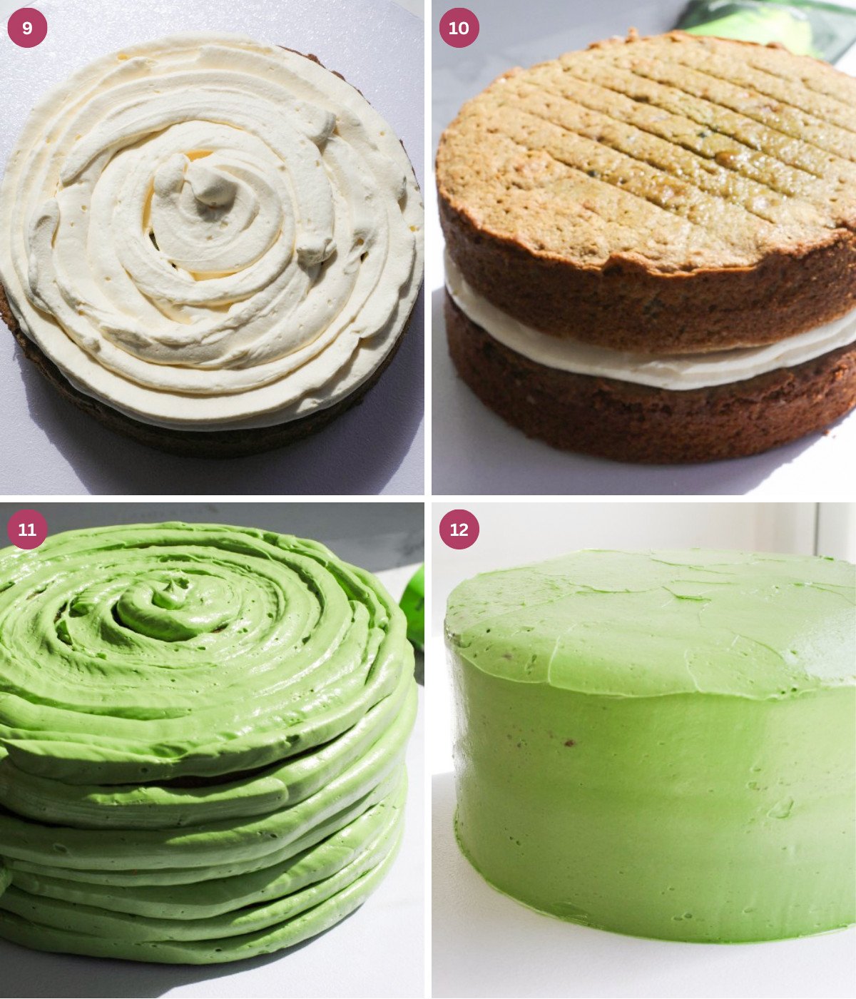 Matcha cake filled with whipped cream and frosted with matcha buttercream.