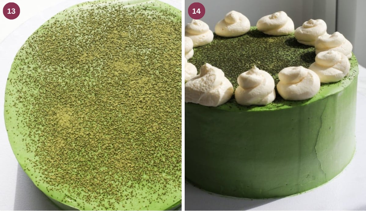 Matcha cake topped with matcha powder and whipped cream.