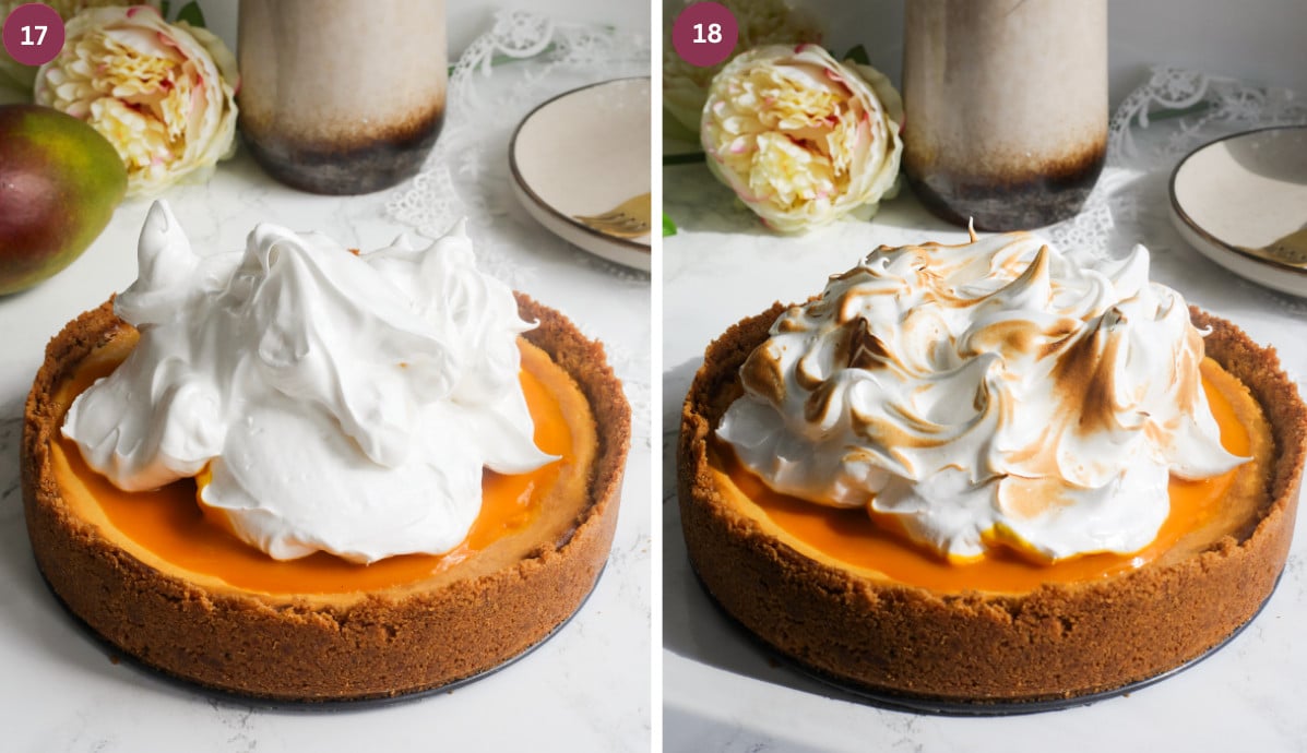 Baked mangoes cheesecake with meringue on top.
