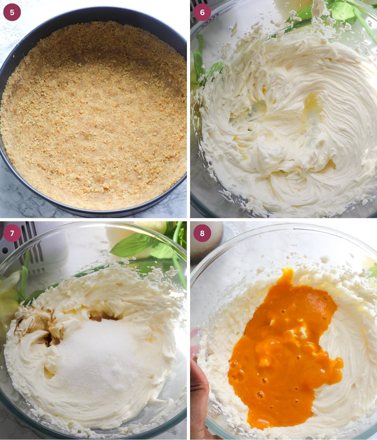 Cheesecake crust, sour cream, cream cheese, sugar and mango pulp.