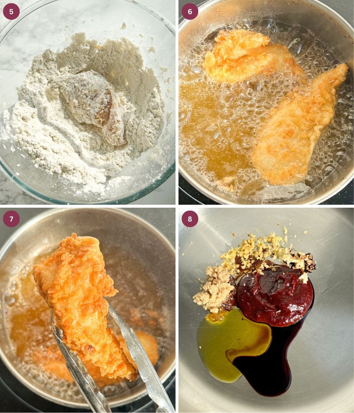 Chicken fillets seasoned with flour deep fried in a pot. Gochujang sauce in a pan.