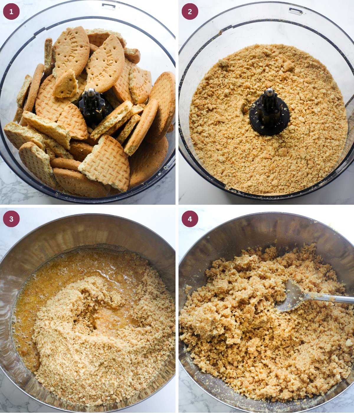 Digestive biscuits blended in a food processor and mixed with butter.