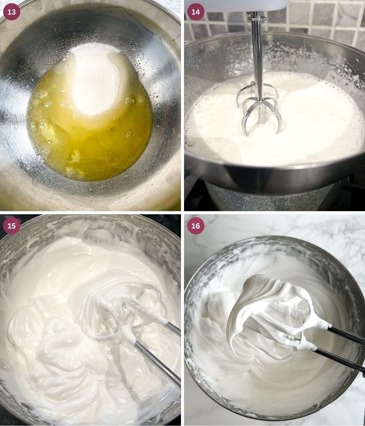 Egg whites and sugar whisked in a silver bowl to make meringue.