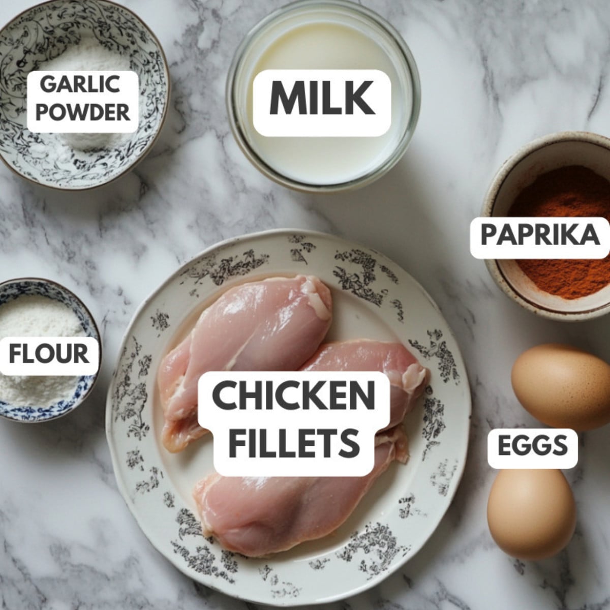 Garlic powder, milk, paprika, flour, fillets, eggs and Korean paste.