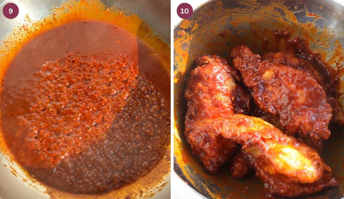 Gochujang sauce and fried fillets in a bowl.
