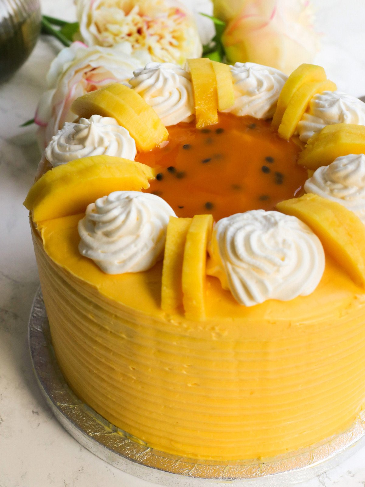 Mango and passion fruit layer cake.