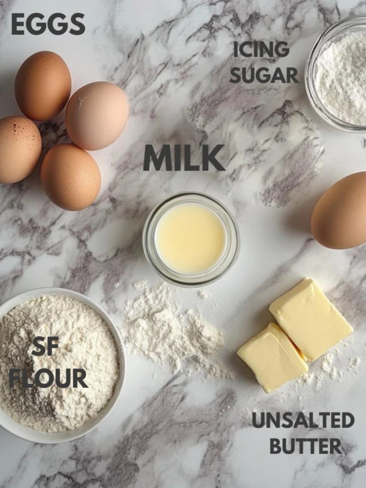 Milk, butter, sugar, egg, butter and flour on a white and grey backdrop.