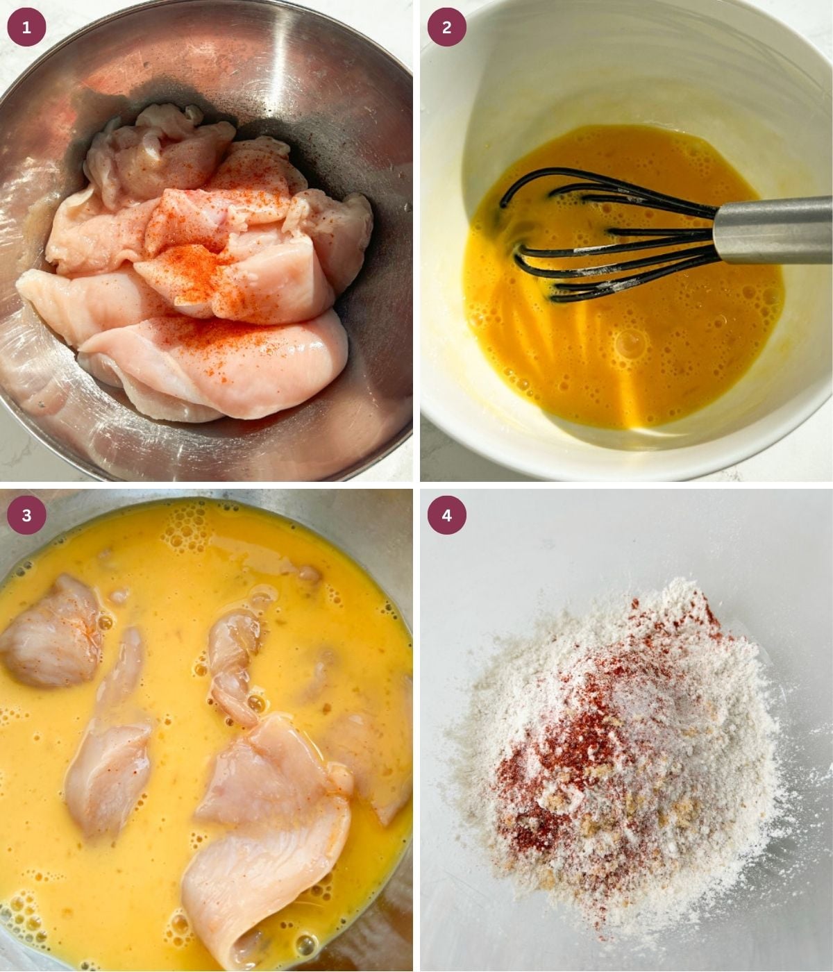 Uncooked chicken fillets seasoned, dipped in egss in a bowl. A separate bowl of seasoned flour.