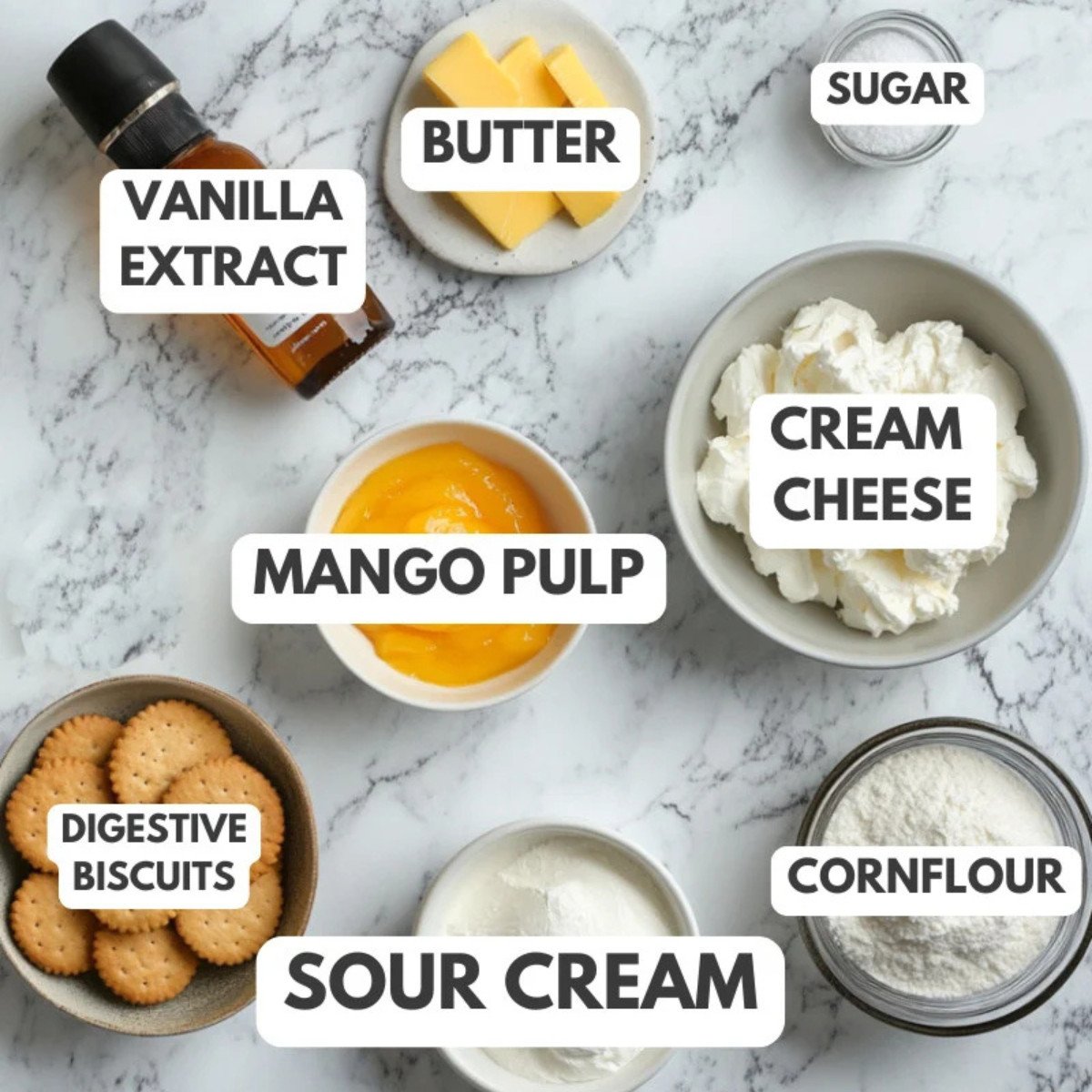 Vanilla extract, butter, sugar, cream cheese, mango pulp, digestive biscuits, sour cream, cornflour and cream cheese. 