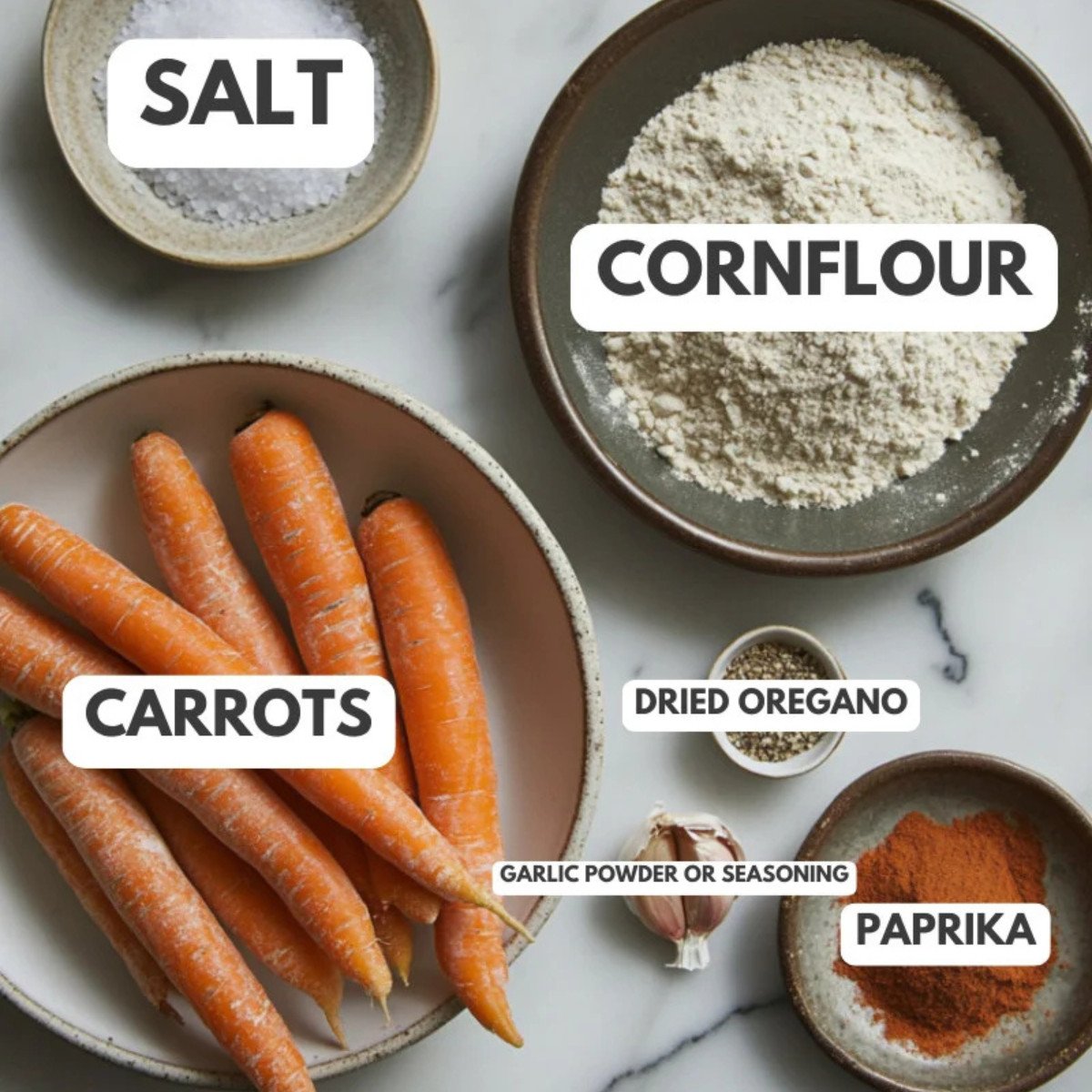 Salt, cornflour, carrots, garlic, dried oregano and paprika. 
