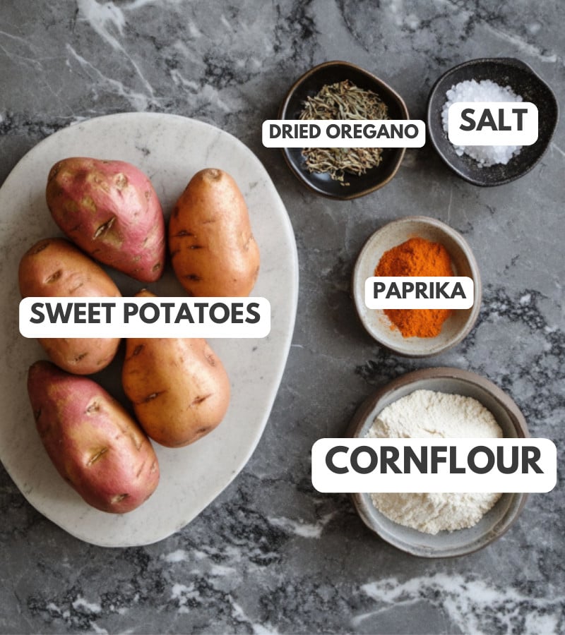 Sweet potaoes, dried oregano, salt, paprika and cornflour.