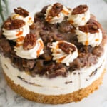 Circular pecan caramel cheesecake.