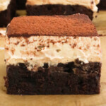 Chocolate coffee brownie, mascarpone cream and cocoa powder.