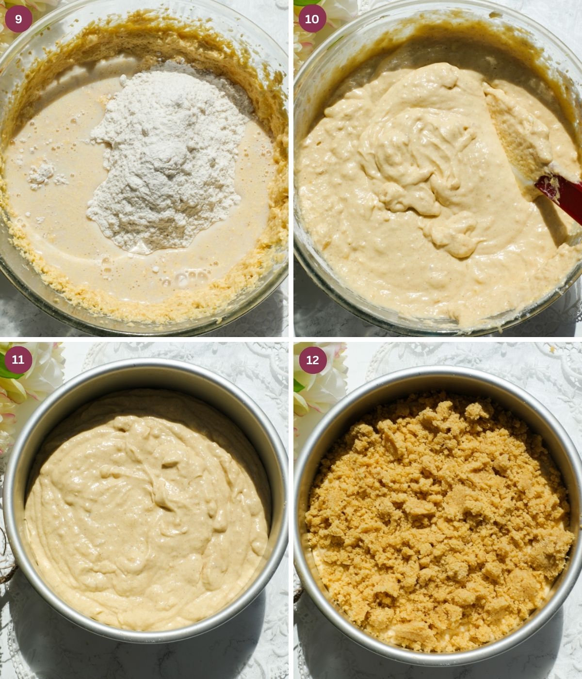 Banana cake batter in a bowl and circular baking tin with crumble on top.