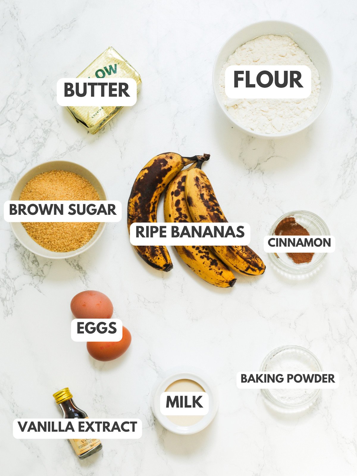 Butter, flour, brown sugar, ripe bananas, cinnamon, eggs, vanilla extract and milk.