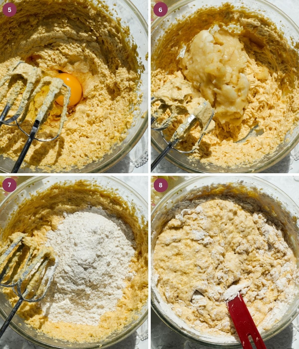 Egg, butter, mashed banana, and flour mixed in a bowl.