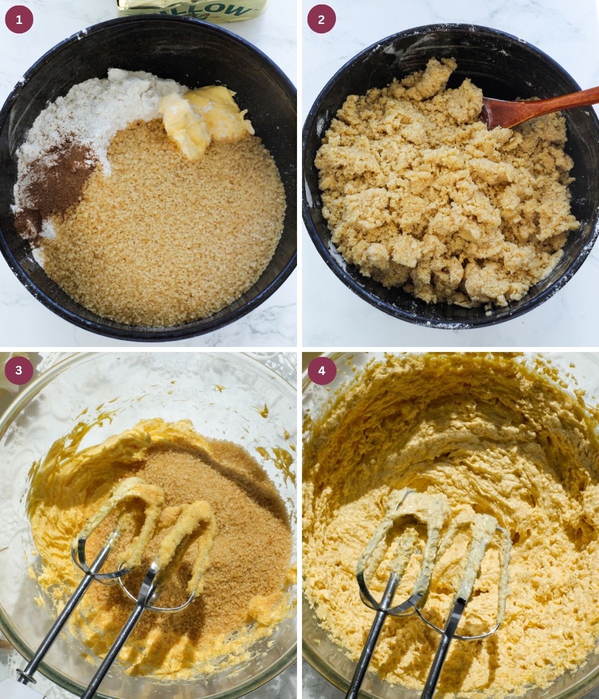 Flour, butter and sugar mixed in a black bowl. Brown sugar and butter whisked in a glass bowl.