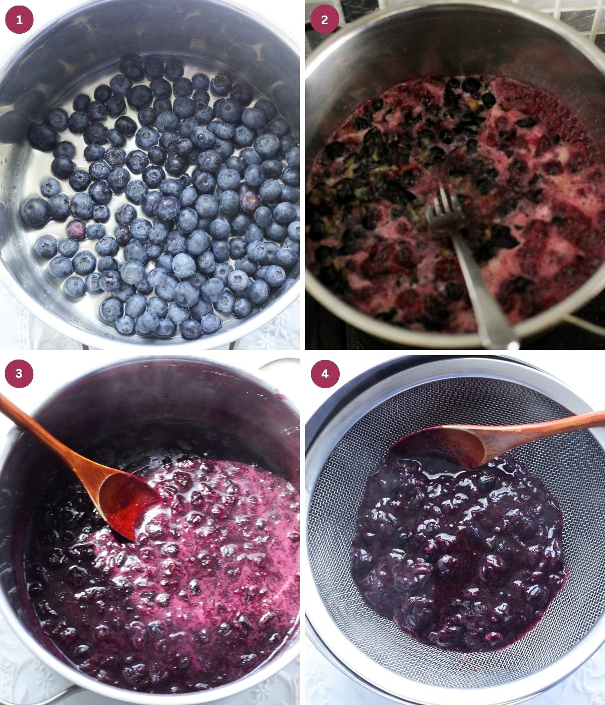 Blueberries and water mashed, cooked and strained in a silver pot.