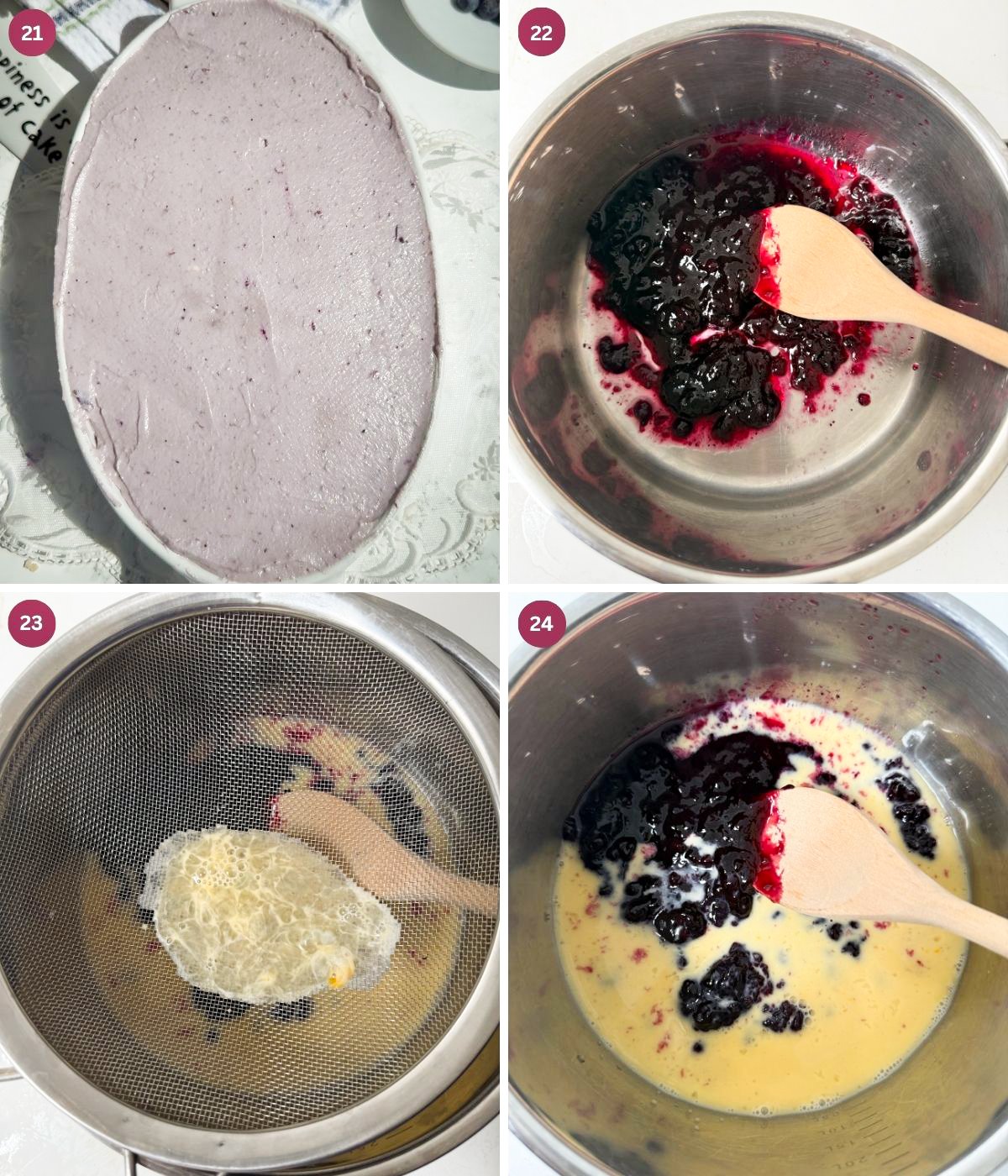 Blueberry jam and strained egg mixture in a silver pot with a wooden spoon.