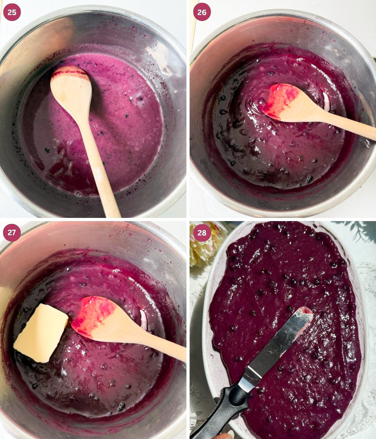 Blueberry jam curd mixed in a silver pot with butter and smooth it over the dessert.