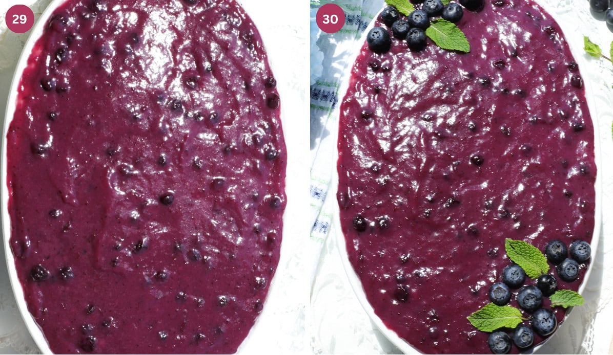 Blueberry jam curd on top of dessert with blueberry toppins and mint leaves.