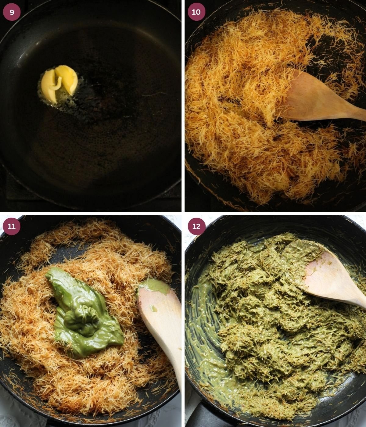Butter, kanafi and pistachio cream mixed in a pan. 