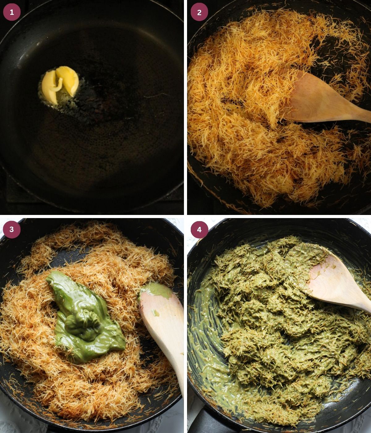 Butter, kanafi and pistachio cream mixed in a pan. 