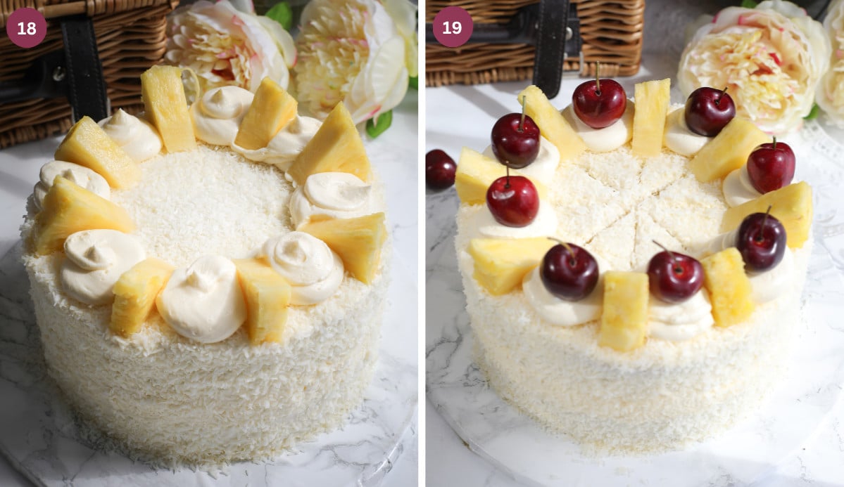 Cake frosted with coconut cream and coconut flakes with pineapple and cherry toppings.