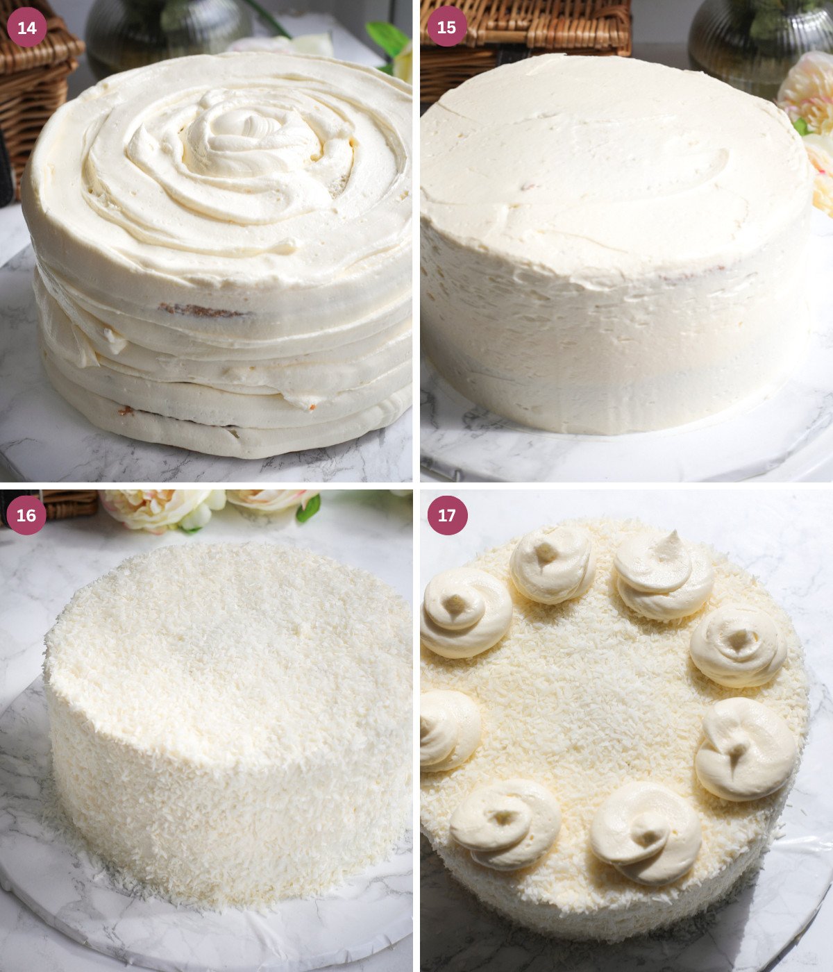 Cake frosted with coconut cream and coconut flakes.