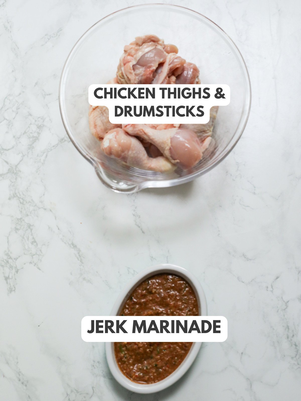 Chicken thigh, drumsticks and jerk marinade.