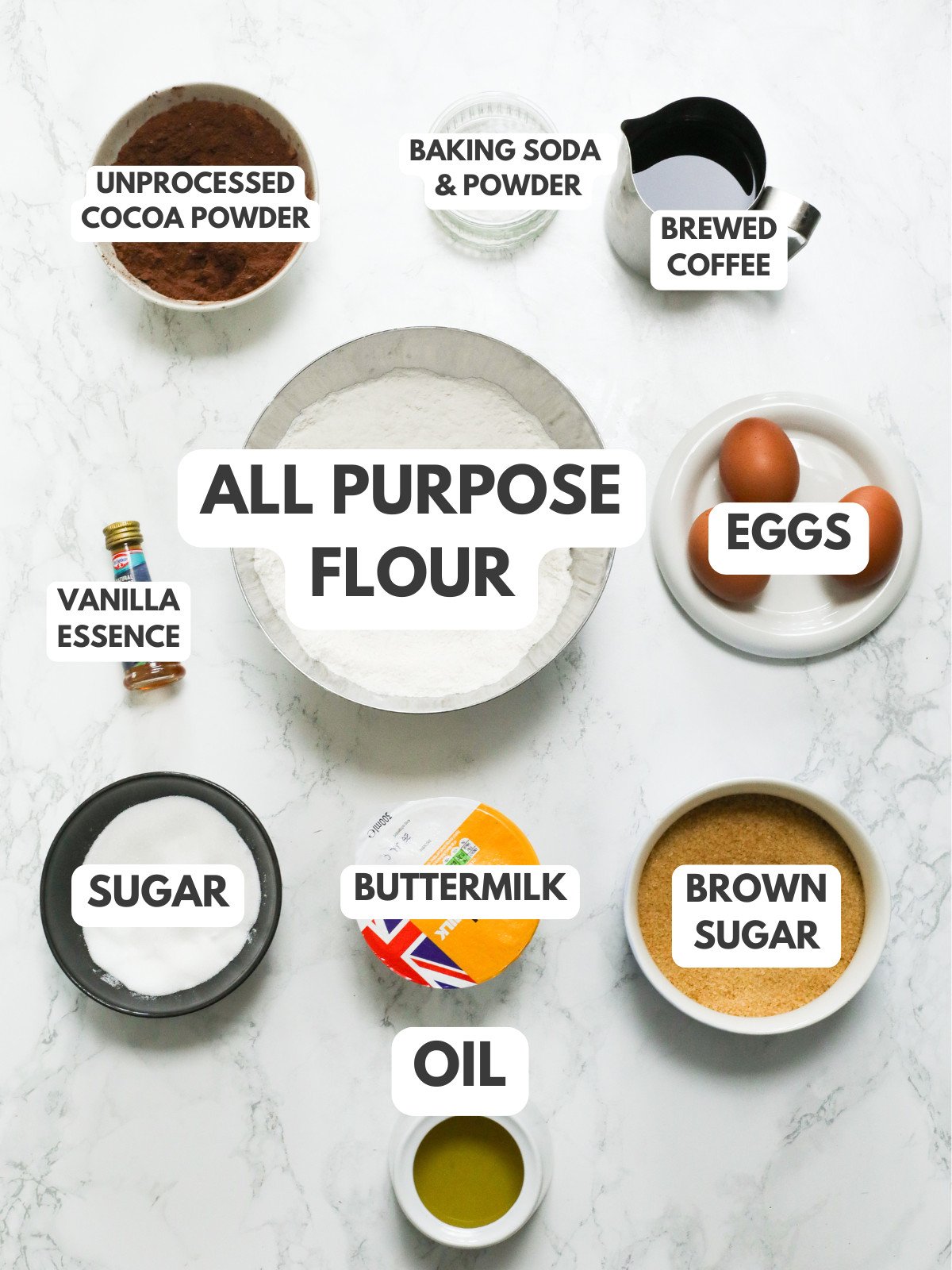 Cocoa powder, baking soda and powder, brewed coffee, eggs, flour, vanilla, buttermilk, sugar and oil.