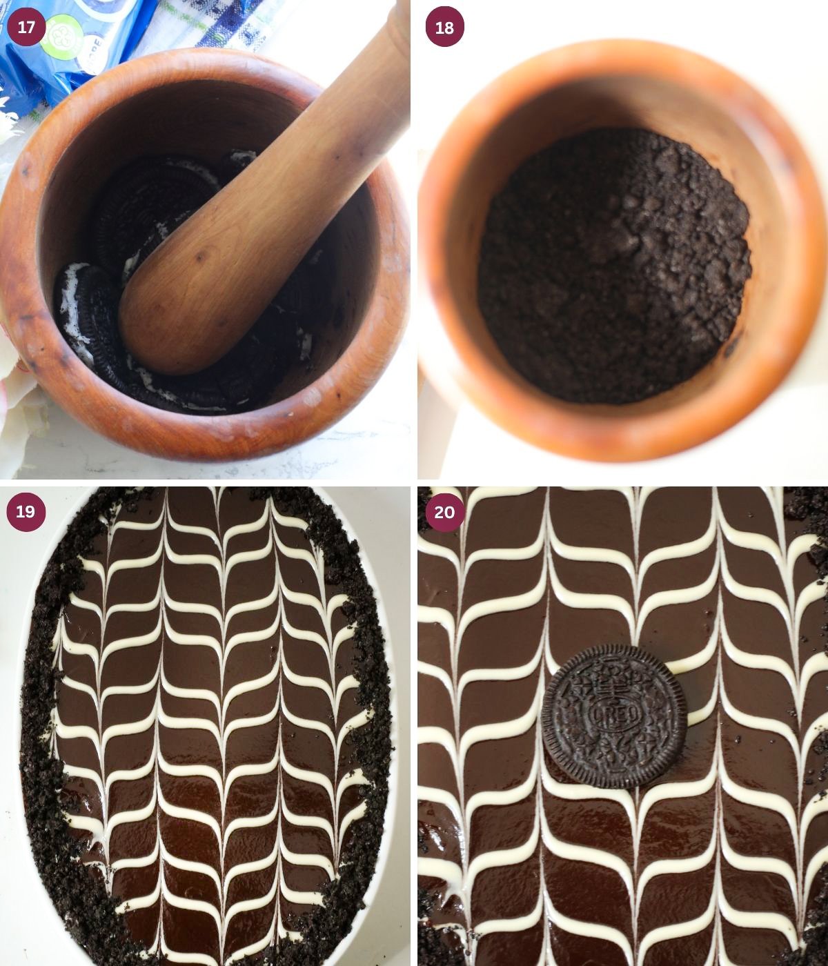 Crushed Oreos crumbled around tiramisu with an Oreo in the middle.
