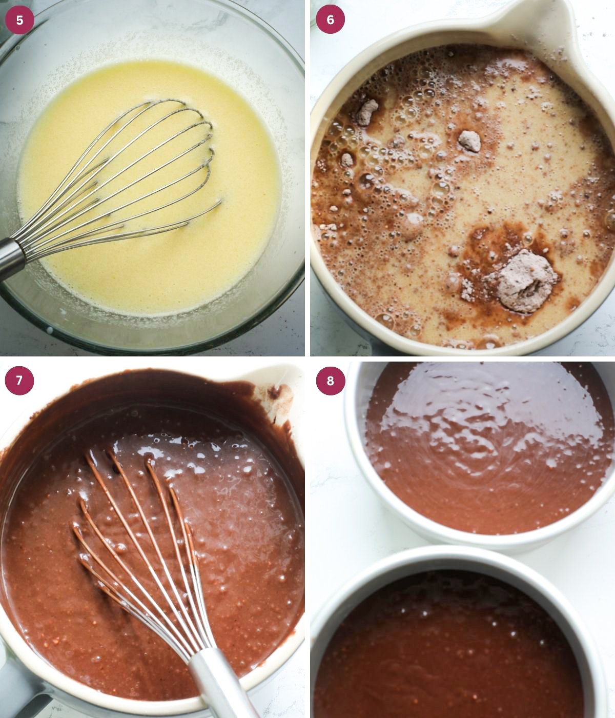 Egg mixture and flour mixture combined in a bowl. Chocolate batter in a cake tin.