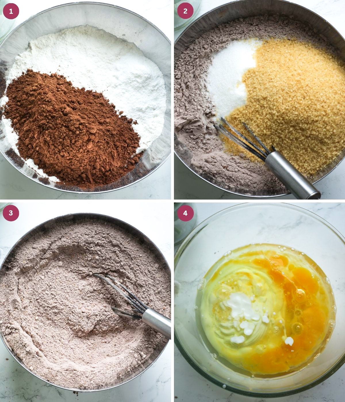 Flour, cocoa powder, and sugar mixed in a bowl. Egg, buttermilk
