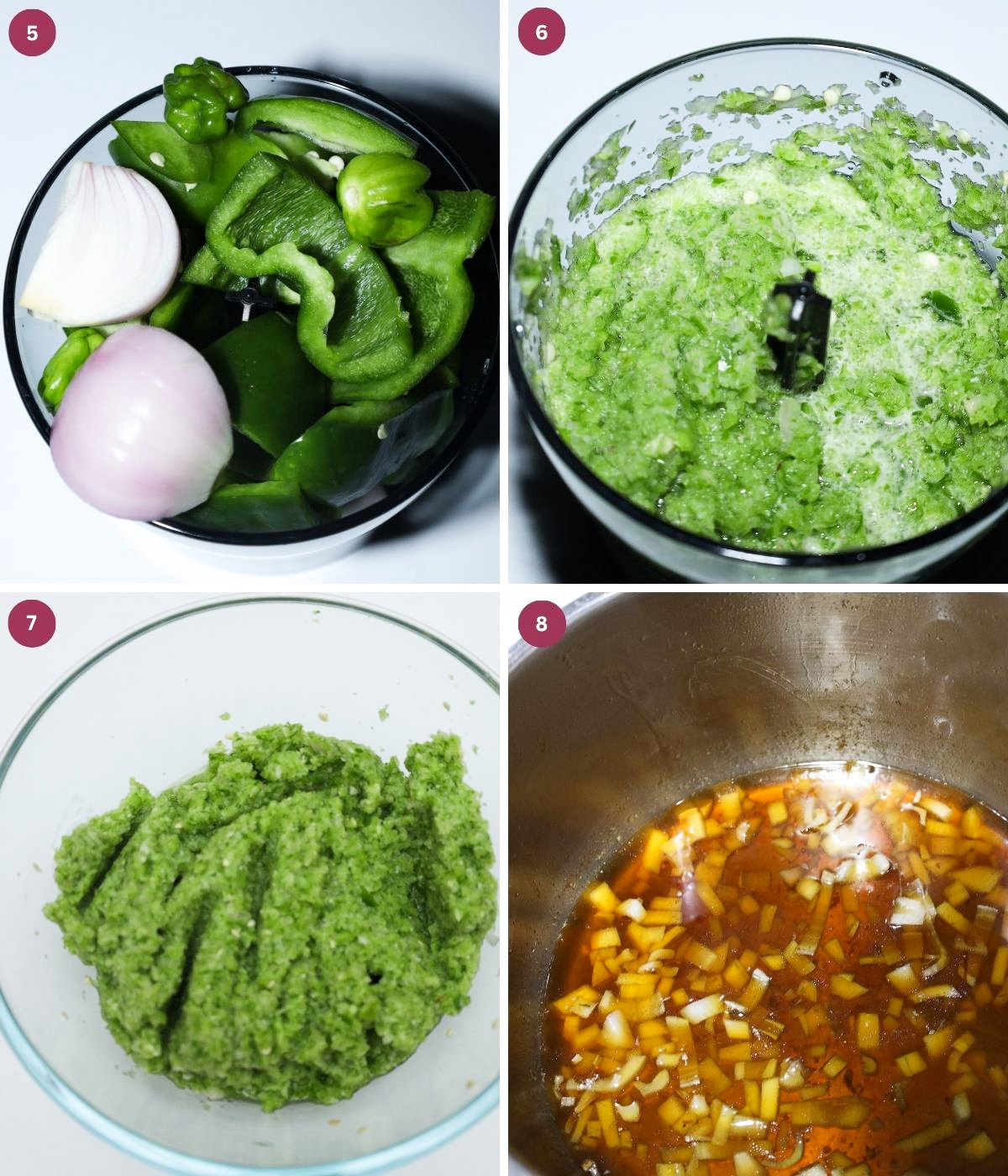 Green peppers, onions blended in a food processor and onions cooked in bleached palm oil.