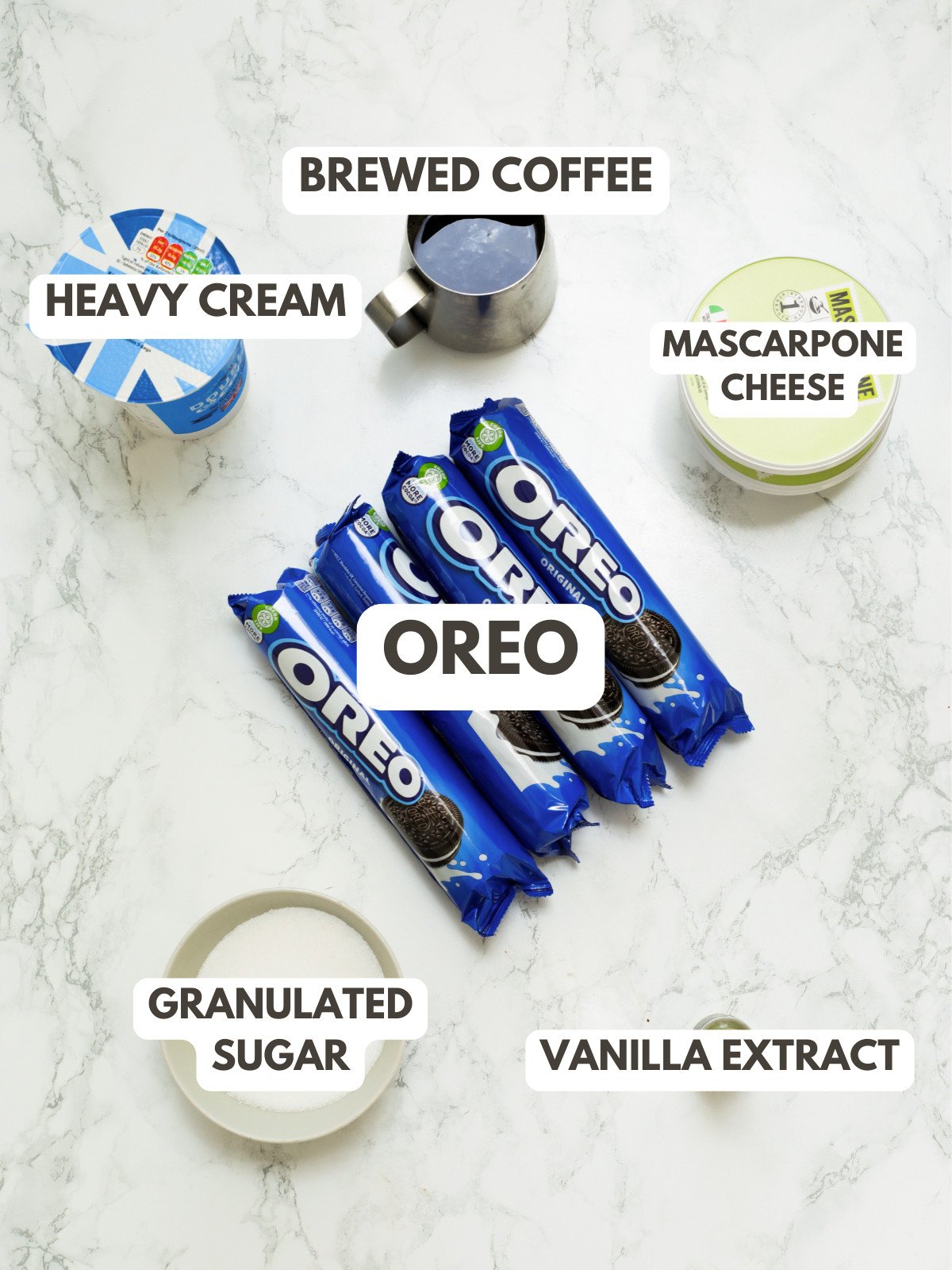 Heavy cream, brewed coffee, mascarpone cheese, Oreo, sugar and vanilla extract.