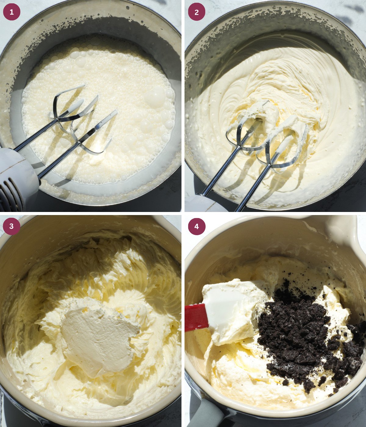 Heavy cream whipped in a bowl mixed with mascarpone and crushed Oreos.