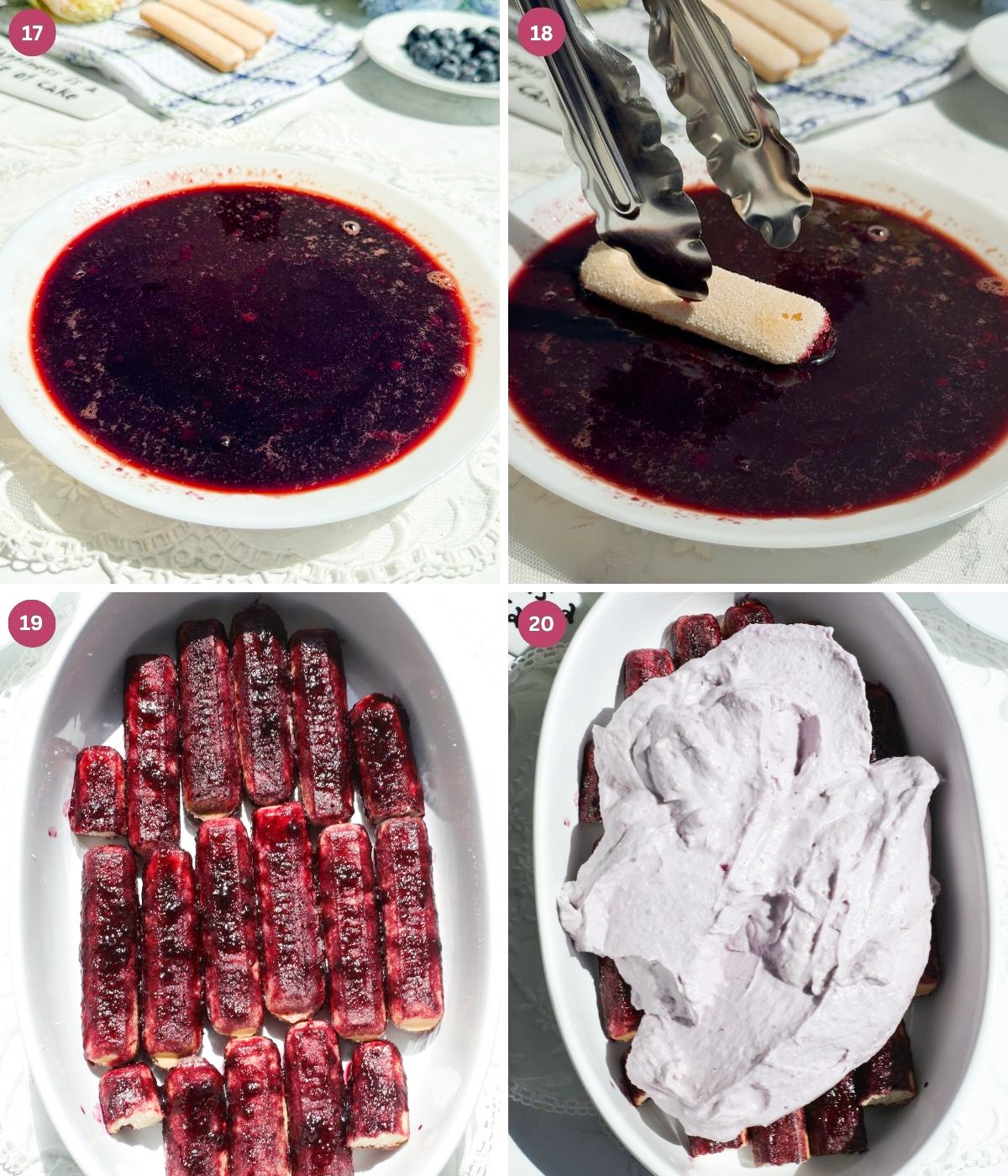 Ladyfingers dipped in coffee and blueberry syrup in a white dish.