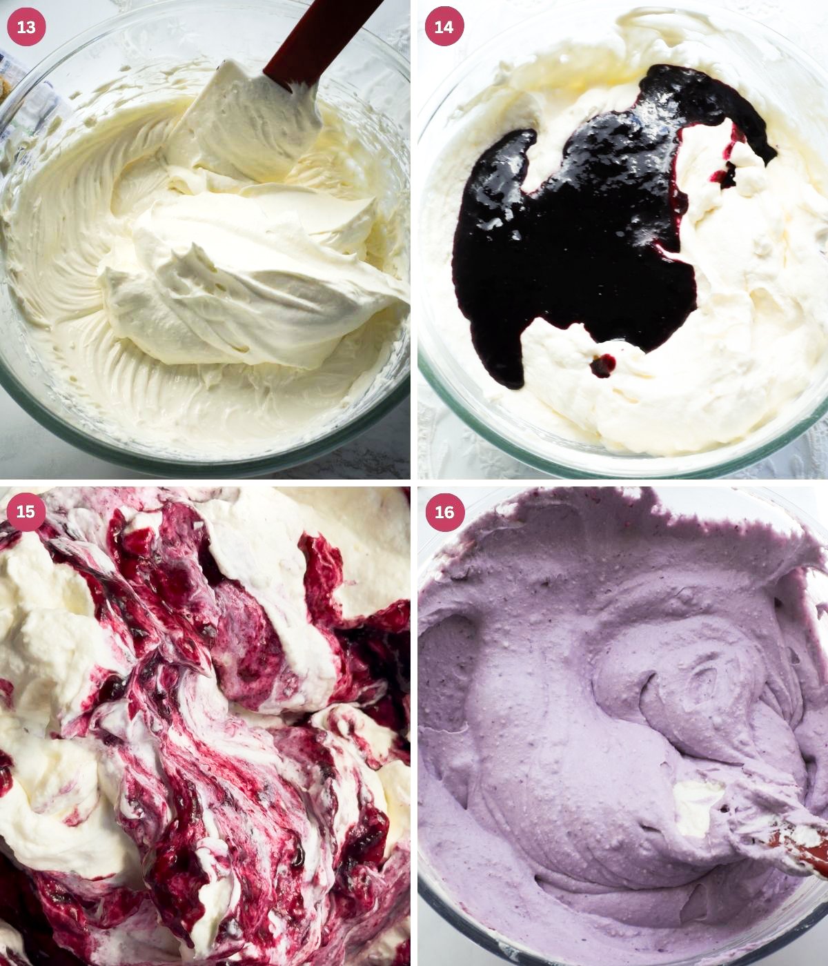 Mascarpone filling mixed with blueberry syrup in a bowl. 