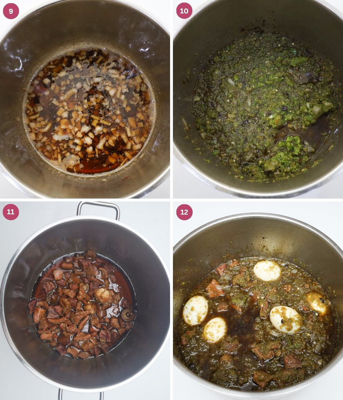 Onions, bleached palm oil, blended green pepper mix, assorted meat and eggs in pot.