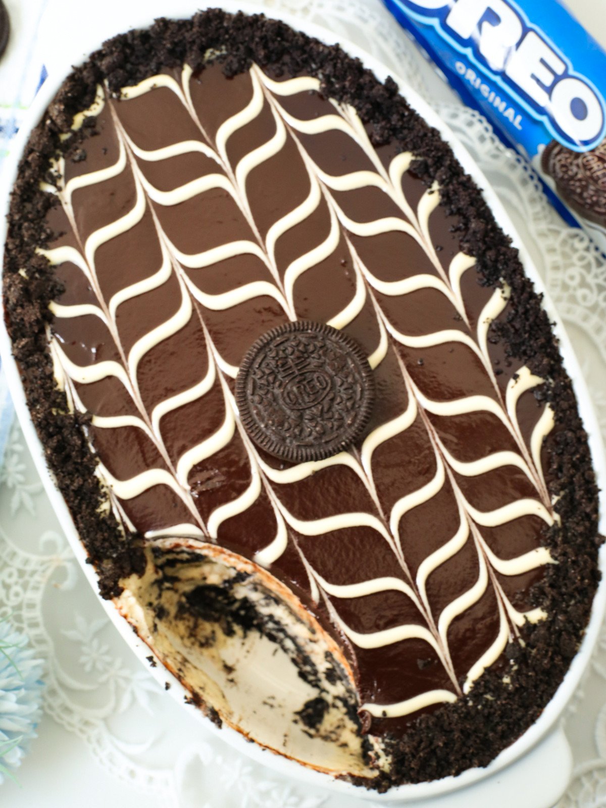 Oreo Tiramisus in a oval dish on a white table.