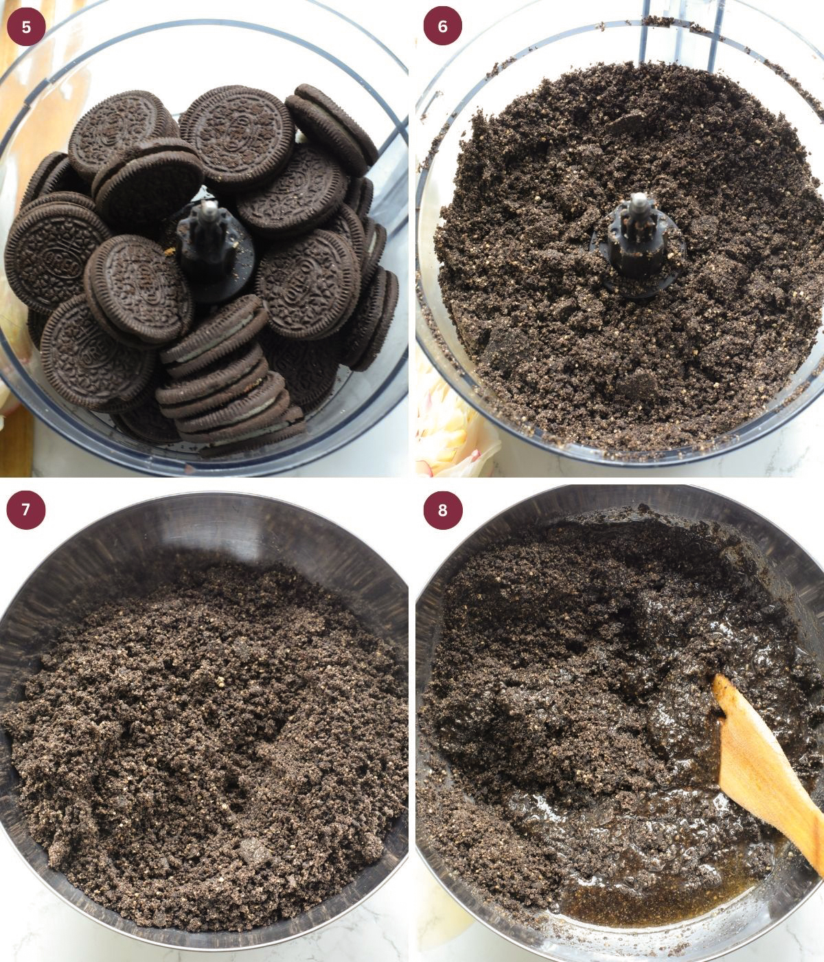 Oreo cookies blitzed and mixed in a bowl with melted butter. 