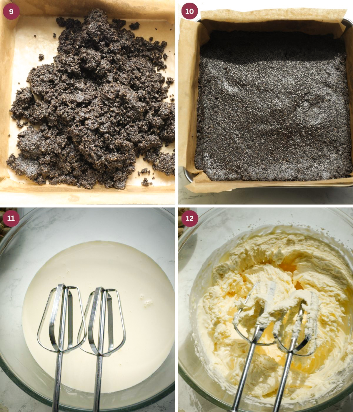 Oreo crust in a lined square pan and whipped cream in a bowl.