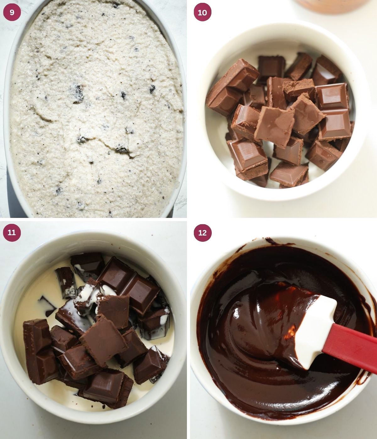 Oreo dessert in a dish and melted dark chocolate ganache in a bowl.